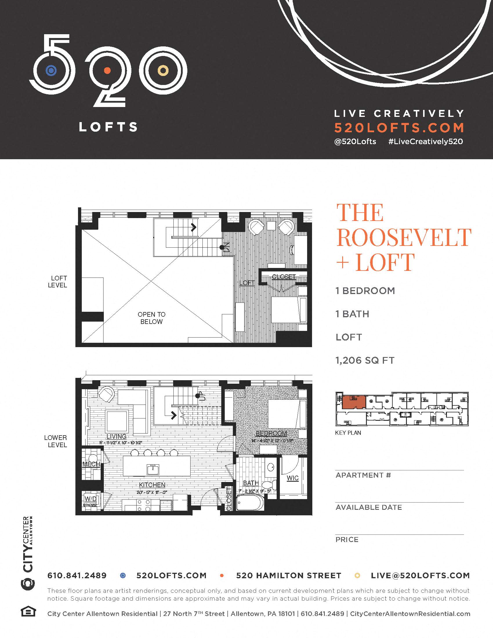 Floor plan for 1 bed, 1 bath, 1206 sqft